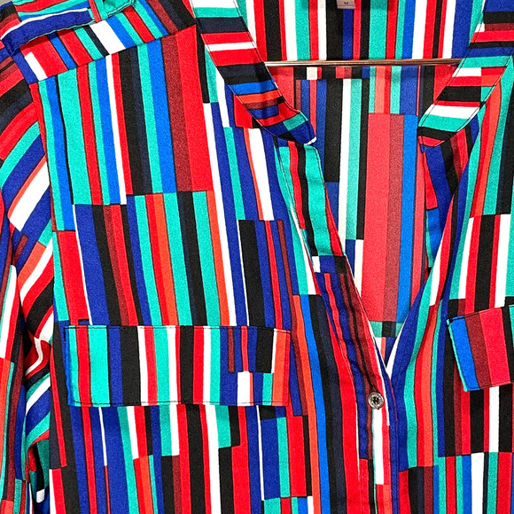 Calvin Klein Red Green Multicolored Striped Button Up Blouse size Medium - Picture 6 of 8
